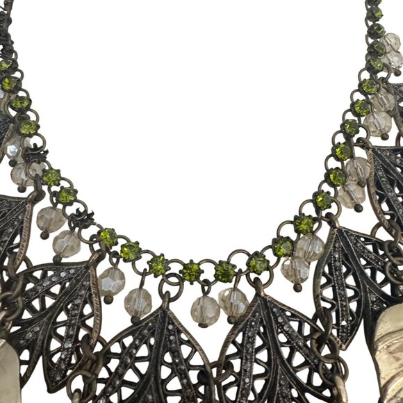 2/$25 Bicolor Leaf Statement Necklace With Multicolored Rhinestones - Picture 5 of 10